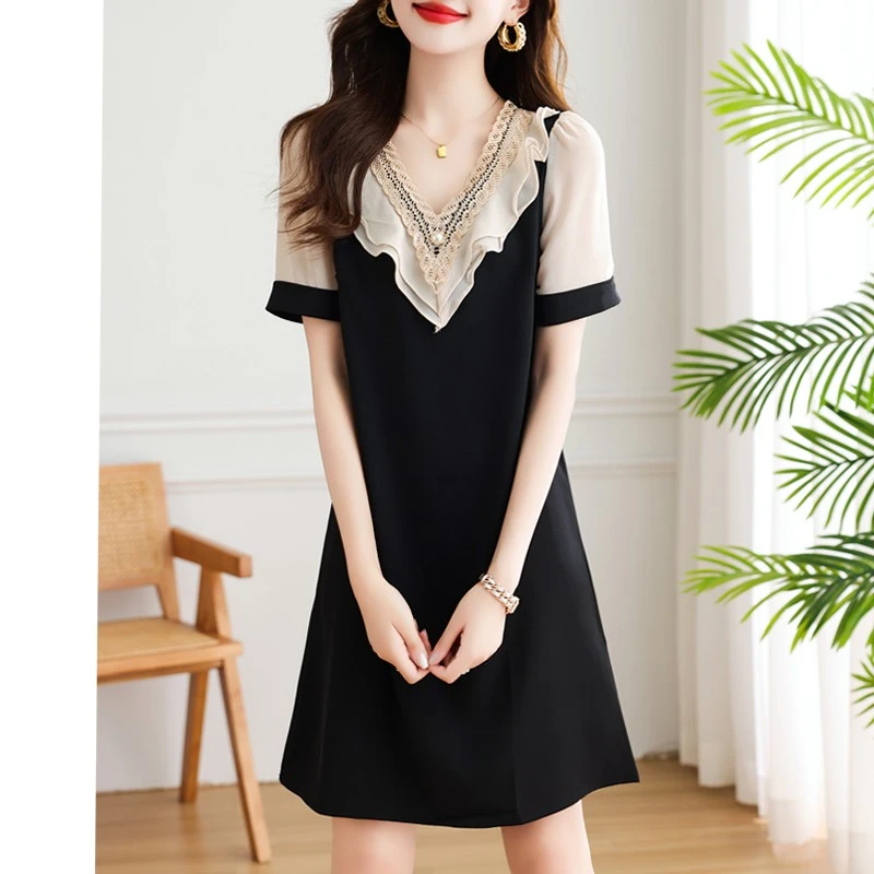 雪纺连衣裙法式夏季2025新款高贵气质黑色洋气小个子收腰显瘦裙子