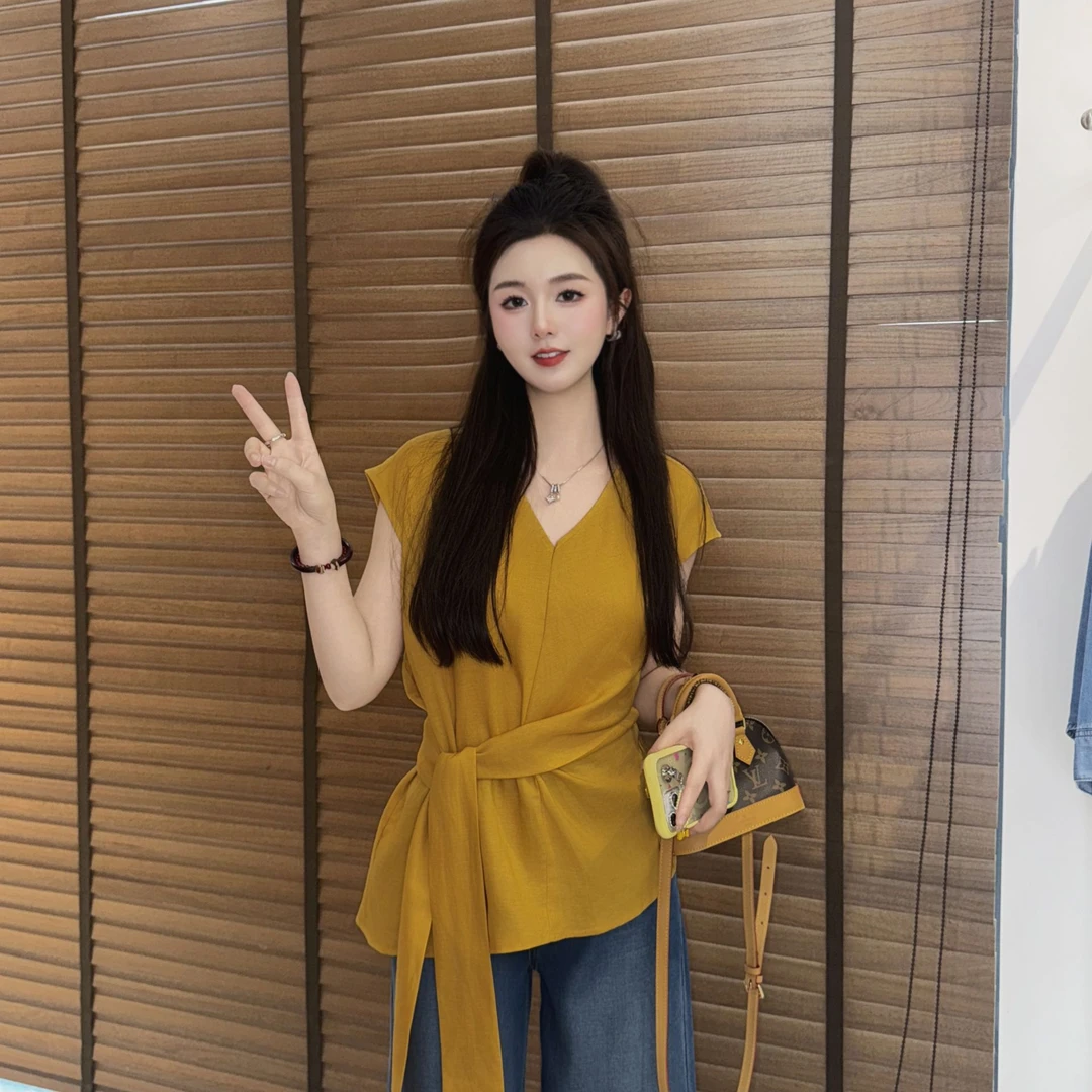宿慕SUMU 夏季V领小衫2025新款5-24气质百搭设计款纯色衬衫2586