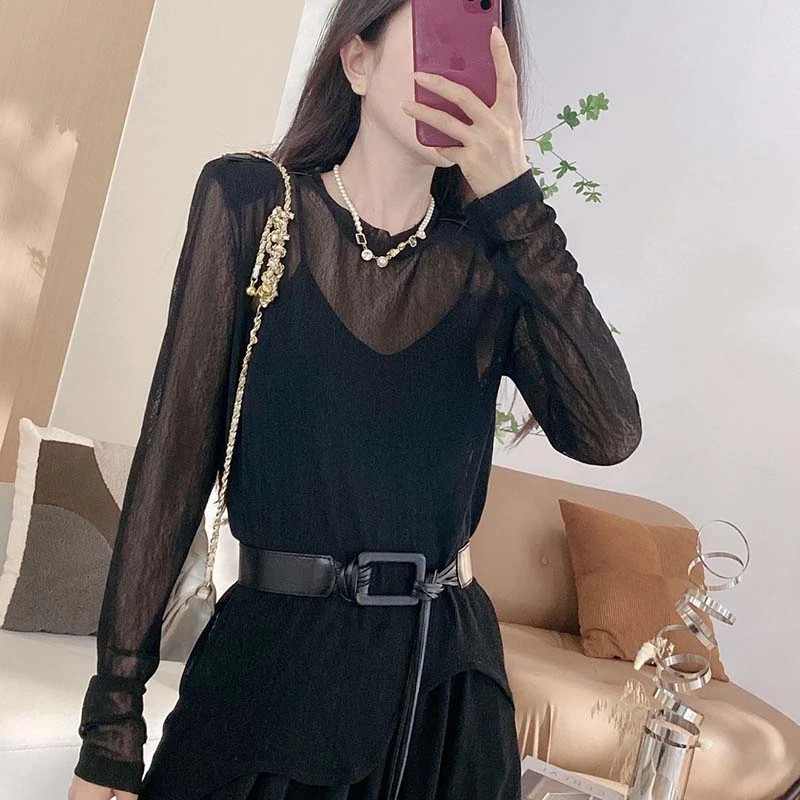 【浅浅专属】【两件套】【送腰带】透纱上衣+松紧腰半身裙两件套D2648