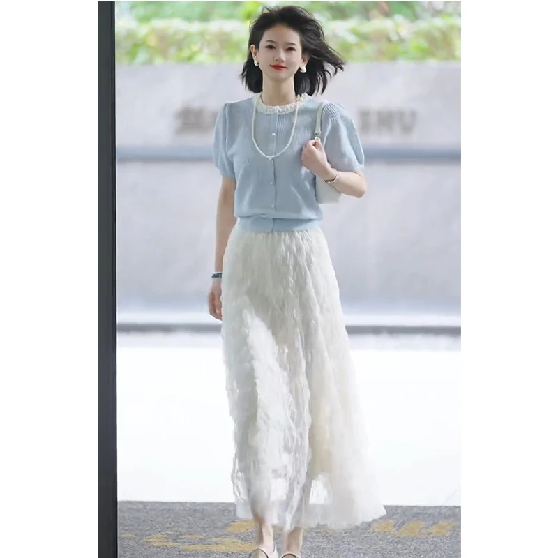 2025夏季超火的钉珠领口拼接短袖针织衫小众洋气半身裙子两件套装