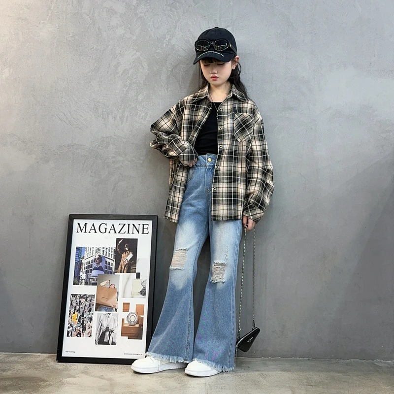 女童2025春季新款格子衬衫外套中大女孩微喇破洞牛仔裤洋气套装潮