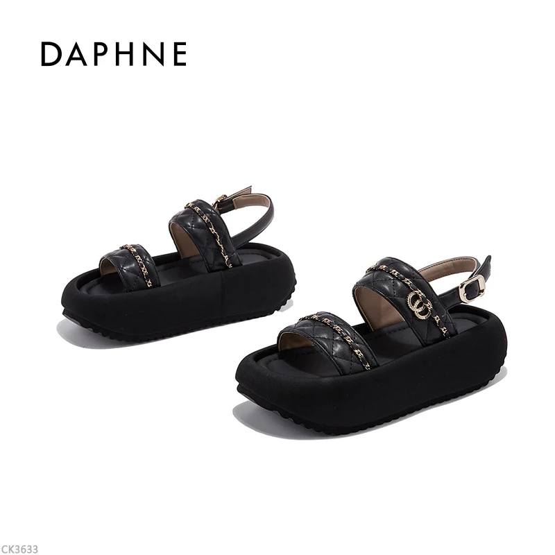 达芙妮新款坡跟一字型平底休闲百搭凉鞋一字拖高跟夏季办公室LL