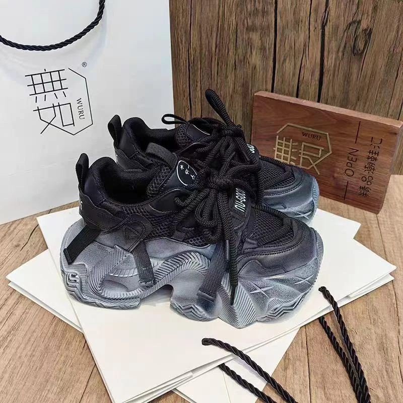 2024夏季新款网面透气老爹鞋女ins潮百搭厚底黑色休闲运动鞋 1128