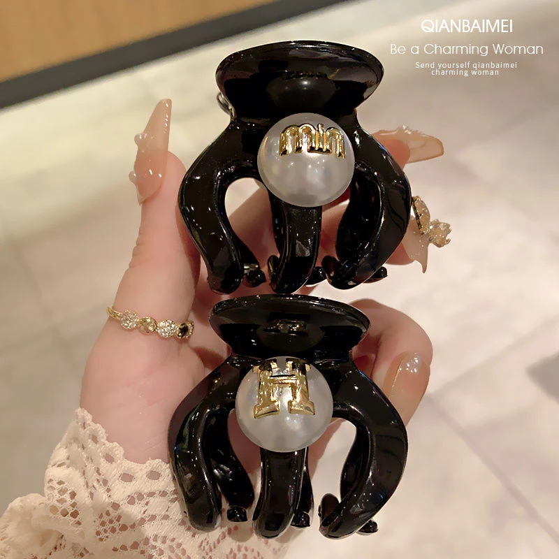 韩版高马尾神器固定字母珍珠抓夹丸子头发夹气质优雅高级感南瓜夹