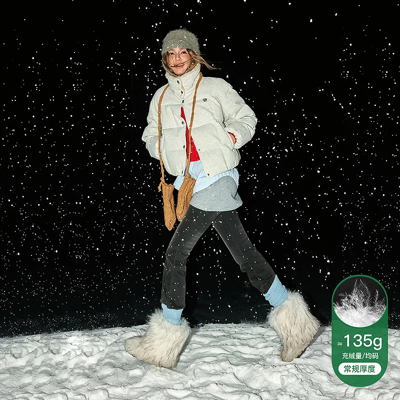CHUU冬季女装仿羊羔毛领拼接设计休闲面包服新国标90绒羽绒服