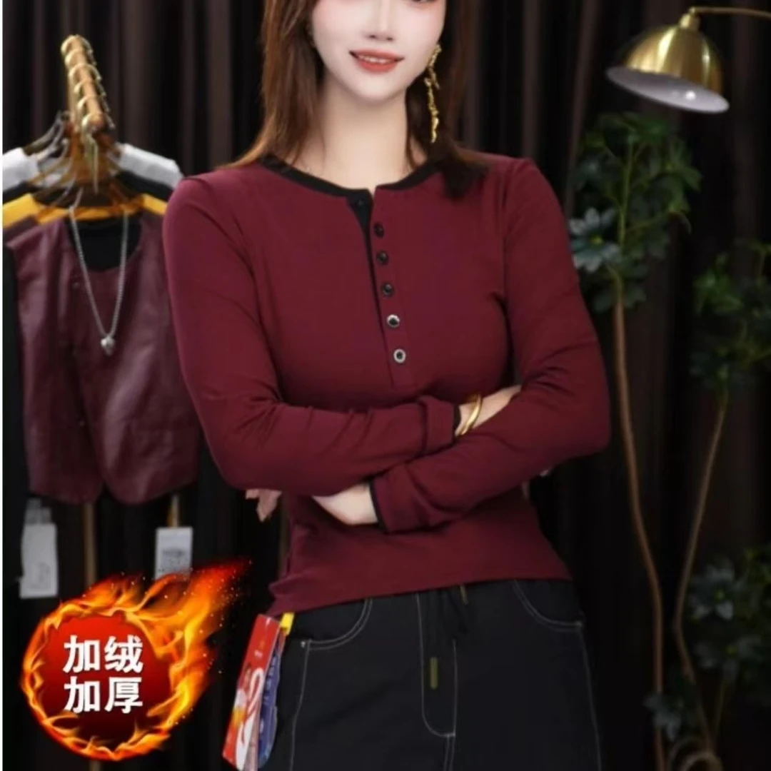 德绒2025秋季新款假两件长袖扣正肩T恤女装修身显瘦打底衫上衣