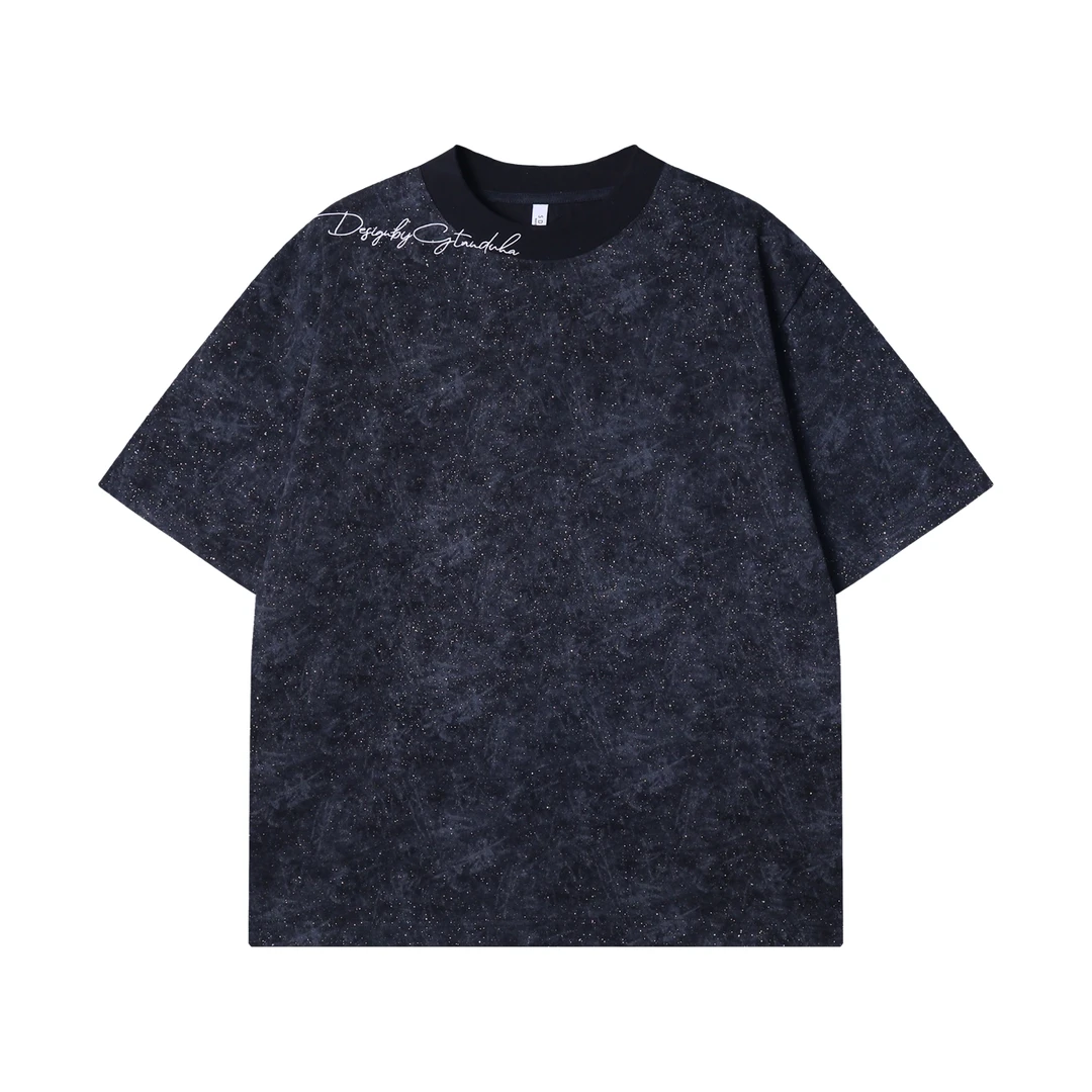 夏季高级感新款韩版洒金刺绣字母圆领短袖T恤宽松潮流情侣上衣