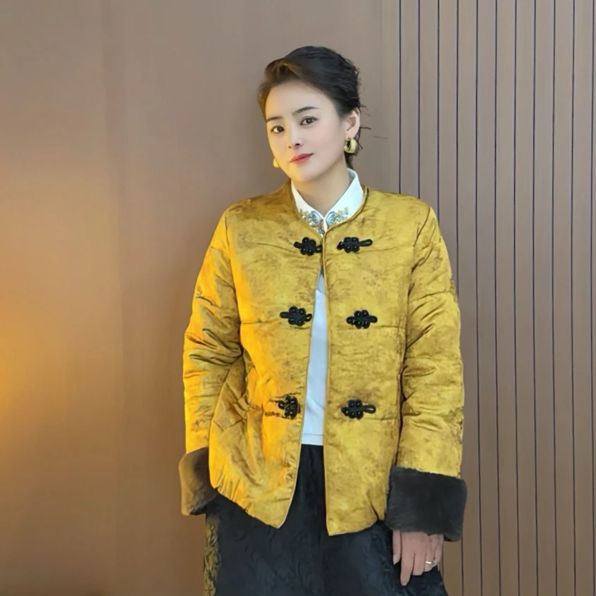 冬季法式女款圆领提花上衣中国风时尚保暖棉服