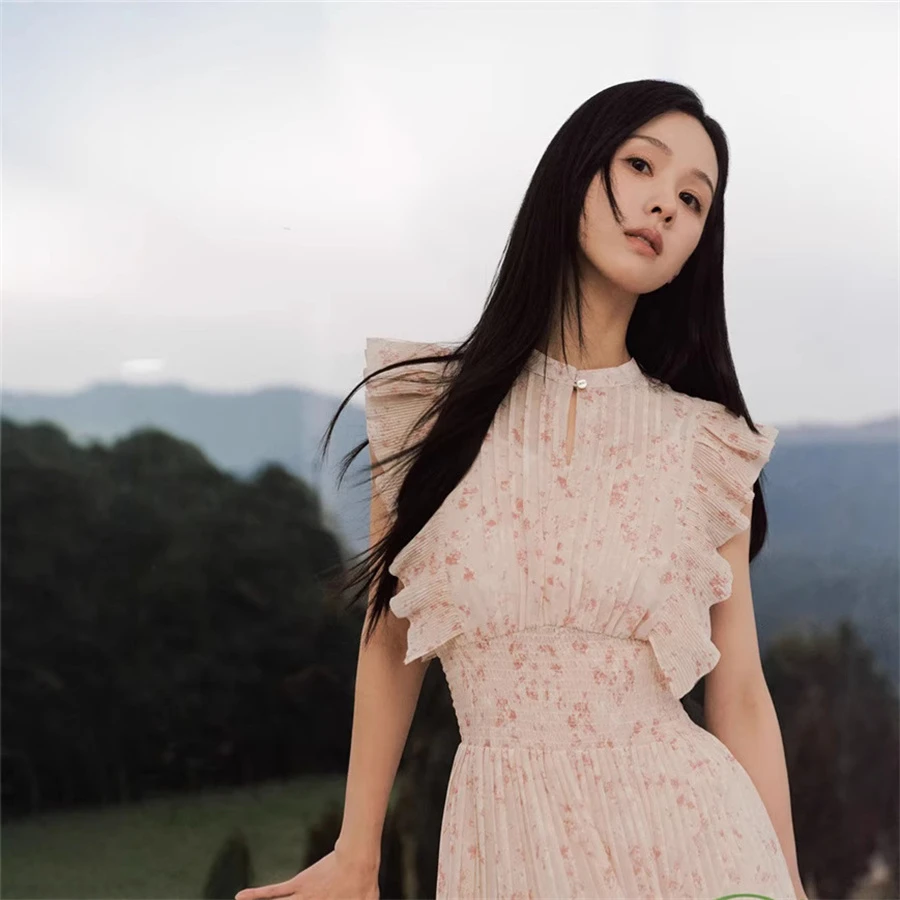 陈都灵同款 S家清新小立领松紧压褶飞飞袖印花连衣裙碎花裙251073