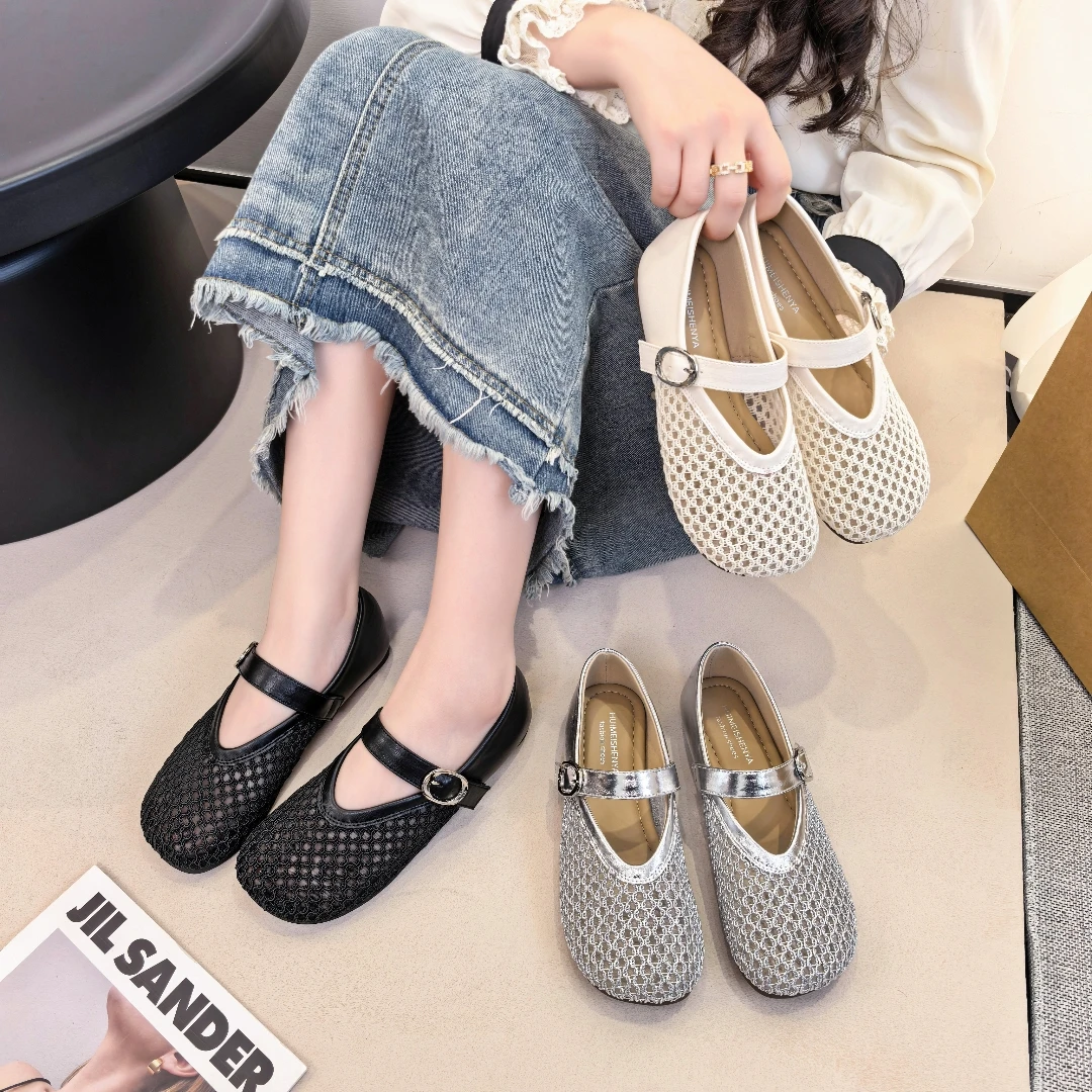 2025夏季新款时尚软底镂空单鞋经典一字带平底透气包跟凉鞋AH983