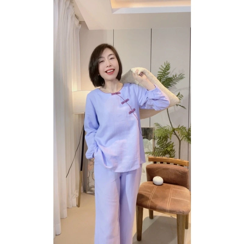 『若夏』春夏纯棉双层纱布长袖长裤国风纯色家居服睡衣套装LZ2635