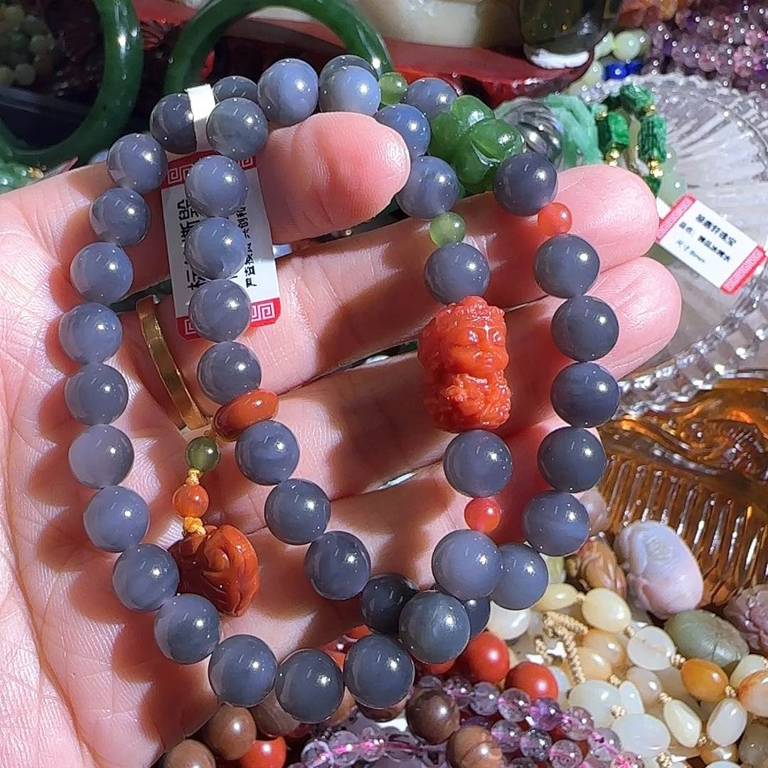 手串未镶嵌和田玉烟紫双圈设计款8mm