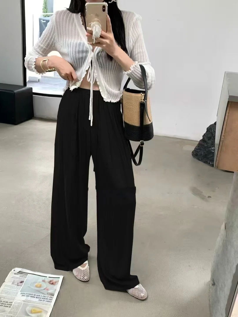 288黑色 桃花冰丝皱松紧腰休闲裤 298天蓝 290米白 289绿 287卡其