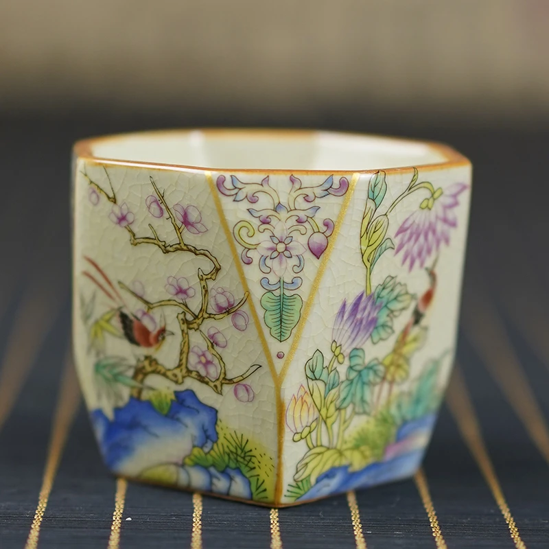 当代 梅兰竹菊八方杯主人杯开片