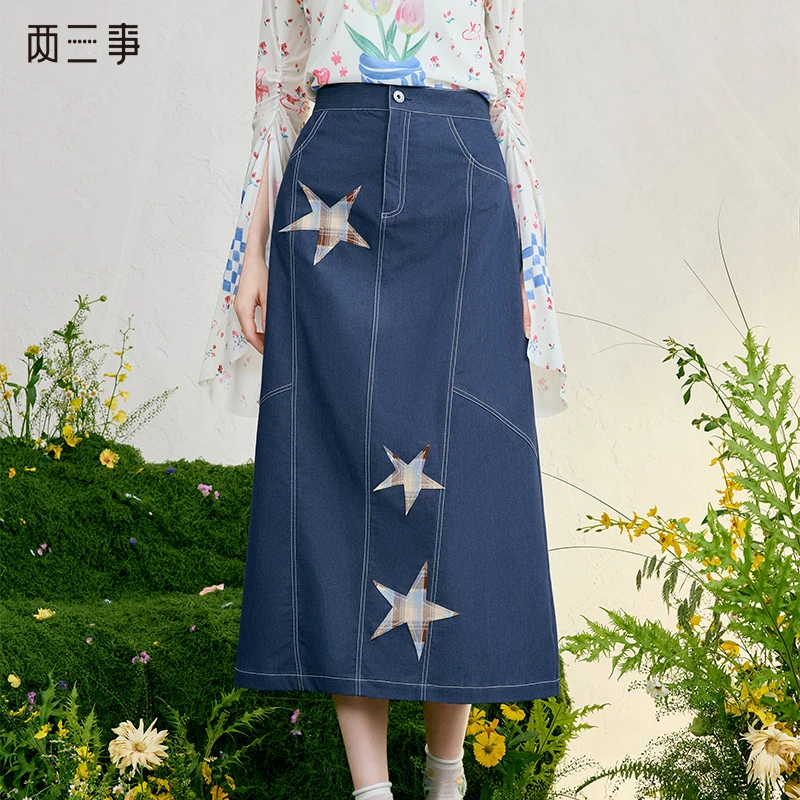 两三事星河宇宙 复古格子星星贴布绣牛仔半身裙S25CKB358