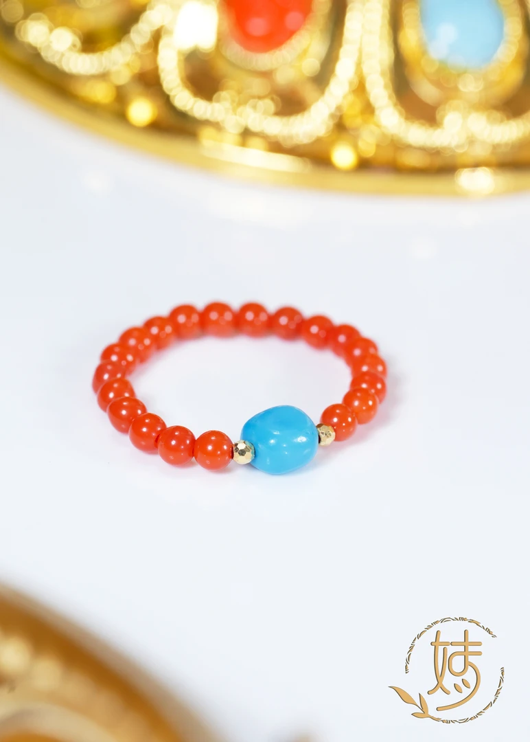 【婧婧精选】臻品 · 18K金南红DIY随形睡美人蓝松小米珠戒指