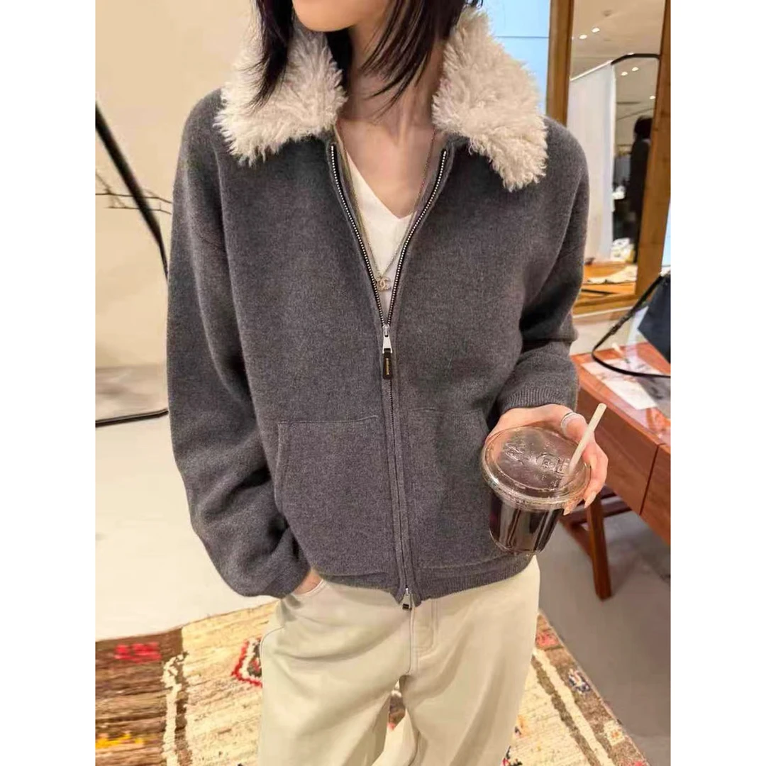 爆款毛毛翻领针织开衫女欧洲站2025冬装新款欧货女装时尚外套潮