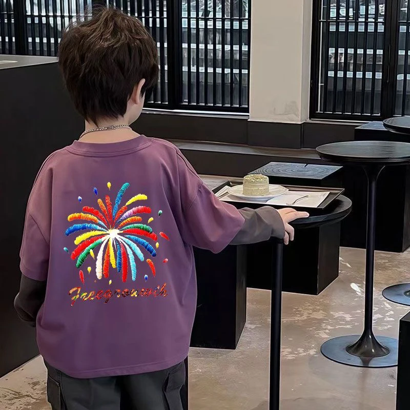 美式高街儿童纯棉假两件男童2025秋季新款帅气炸街T恤洋气小众潮