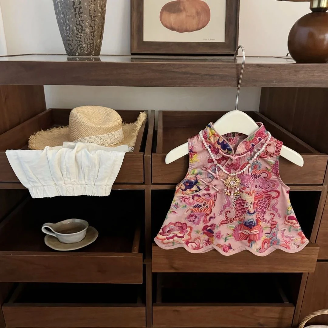 中国风薄款拉链女碎花夏季套装无袖旗袍裙婴儿裙子小童