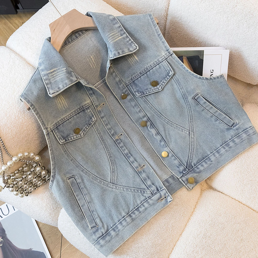 2025新款复古显瘦休闲百搭牛仔马甲宽松显瘦时尚港风猫爪无袖马夹