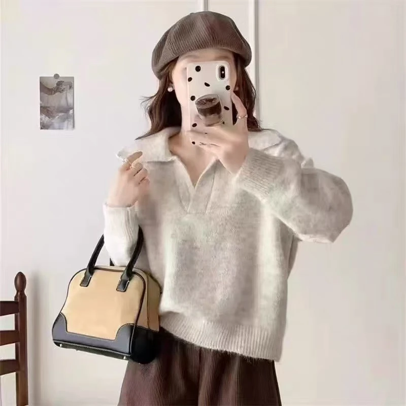 那简家【现货】法式温柔风复古软糯高级感翻领针织毛衣