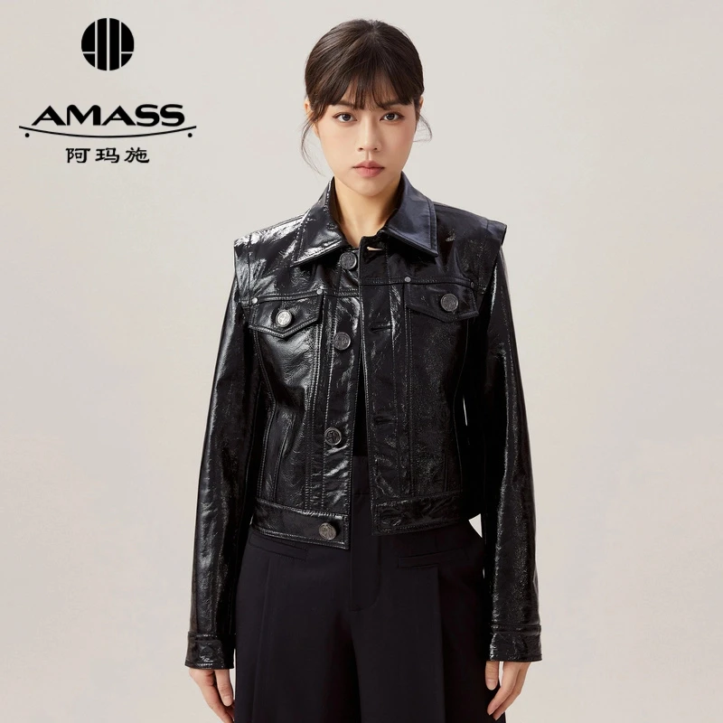 AMASS/阿玛施新款女装通勤时髦羊皮百搭酷感漆皮夹克外套5400635