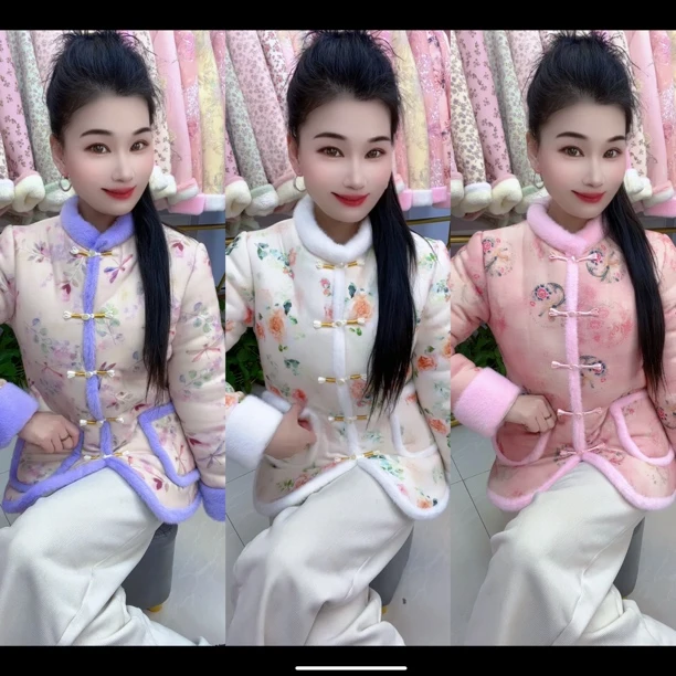 冬季新款加绒加厚立领显瘦棉服外套女新中式复古盘扣国风花棉袄
