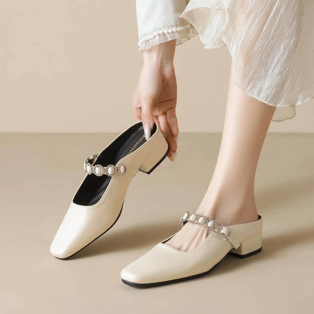 粗跟复古水钻时尚百搭包头拖中跟纯色温柔女鞋平跟一字带半托