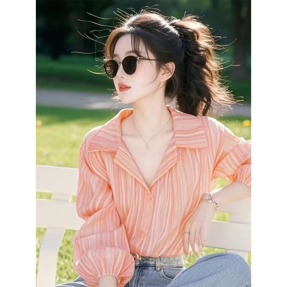 2025春季新款小衫超好看独特漂亮设计感减龄粉色条纹泡泡袖衬衫女