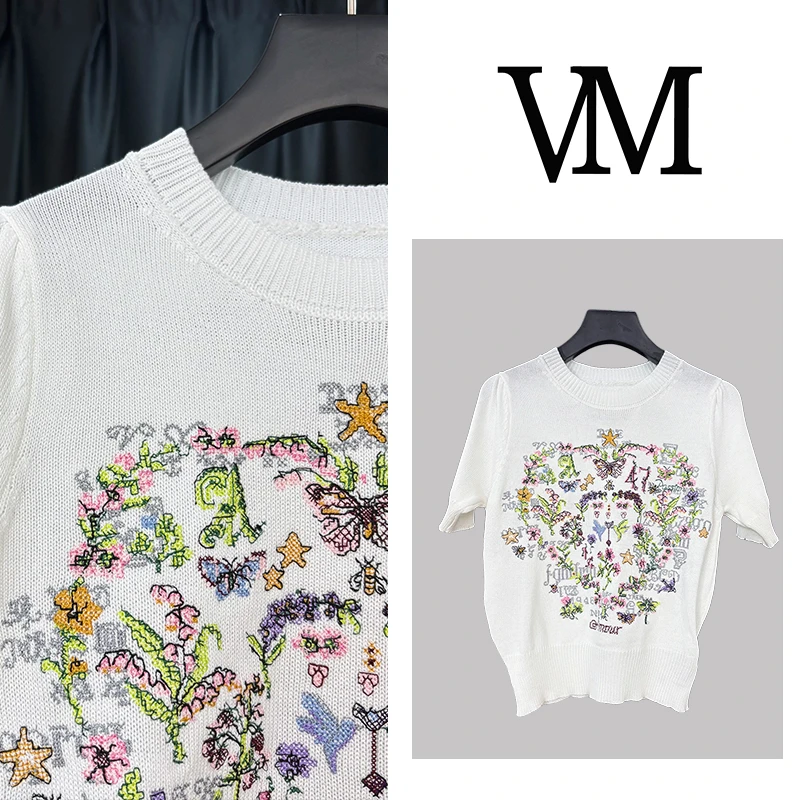 轻奢欧洲站短袖冰丝针织衫女夏季新款设计高级感气质百搭刺绣上衣