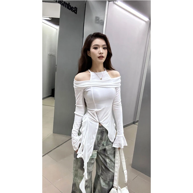 （清仓款）82210长袖T恤女2025年春装新款弹力修身一字肩性感上衣女