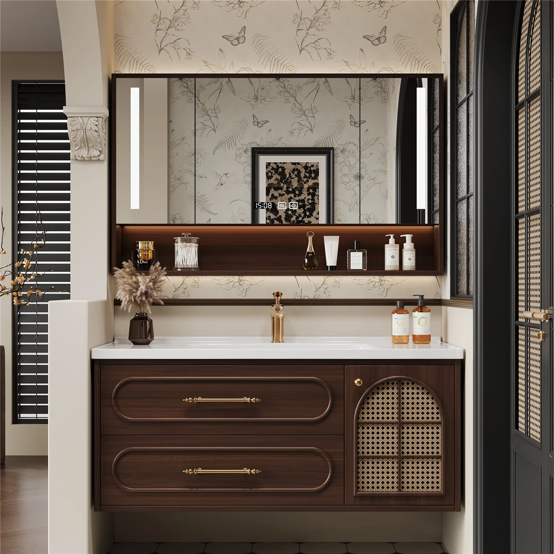 法式风格橡木烤漆一体陶瓷盆浴室柜天地锁把手洗手盆洗脸盆柜组合