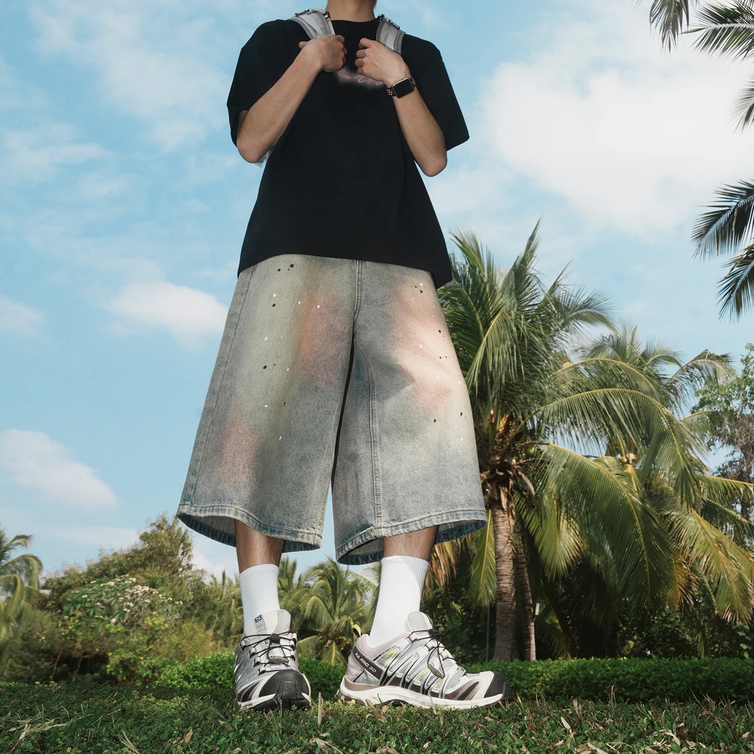 GOGOSOON夏季新款牛仔七分裤2025美式做旧泼墨水洗宽松直筒阔腿裤