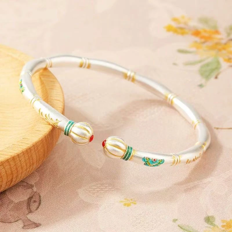 足银手镯 A62足银999.9珐琅描金宝相花南瓜头银手镯女款节日礼物