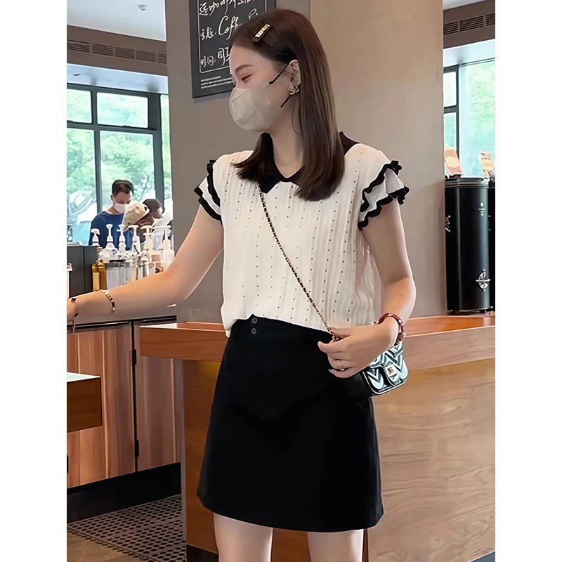 韩版宽松polo领冰丝镂空针织衫女2025新款夏季休闲竹节麻短袖上衣