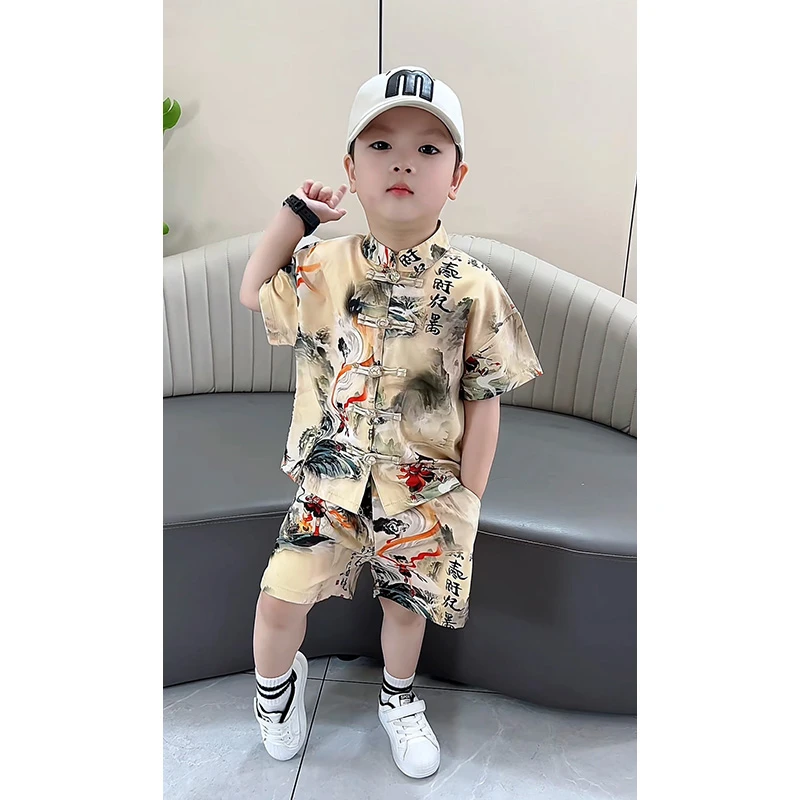 哪吒衣服男童夏季汉服2025新款男宝宝周岁礼服儿童新中式国风唐装