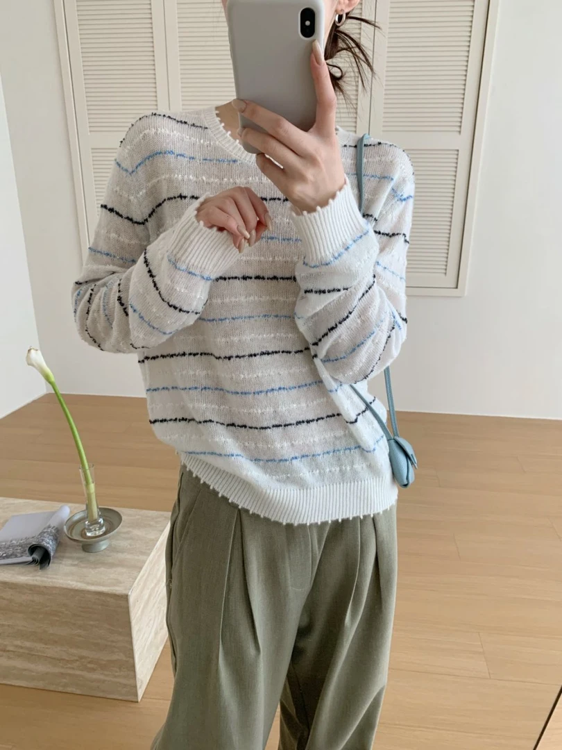 【素简.830156】秋冬新款驼羊绒条纹洋气设计师女装上新针织衫