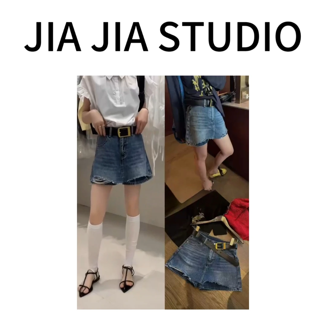 嘉嘉推荐#8193【夏季-薄款 带腰带】高腰牛仔不规则裙裤