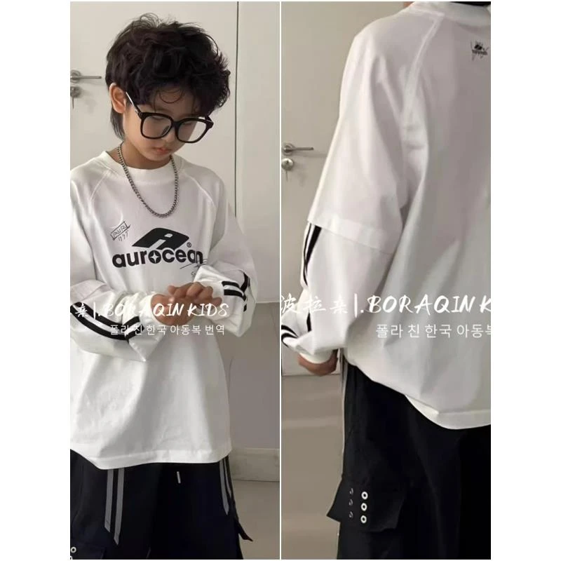 波拉亲亲子BORAQIN韩版童装2025秋儿童纯色假两件字母街舞长袖T恤