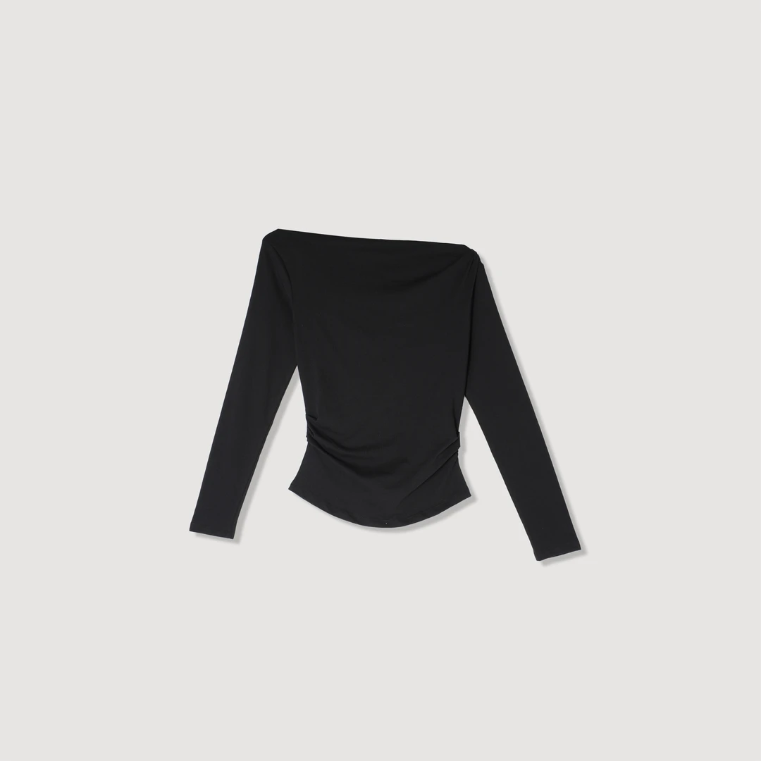 25秋新款棉质捏褶修身收腰一字肩长袖打底黑色女时尚款