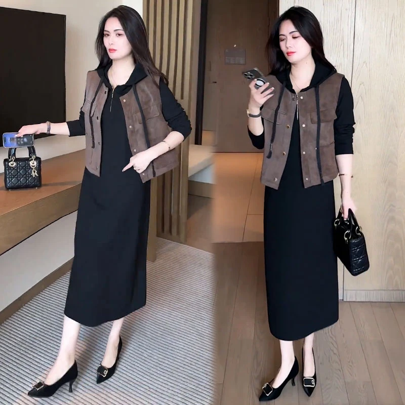 时尚套装裙女2025秋季新款时髦洋气鹿皮绒马甲连帽卫衣裙两件套裙