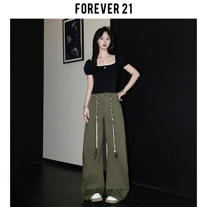 Forever 21美式高街军绿阔腿工装休闲裤女高腰宽松弯刀垂感直筒裤