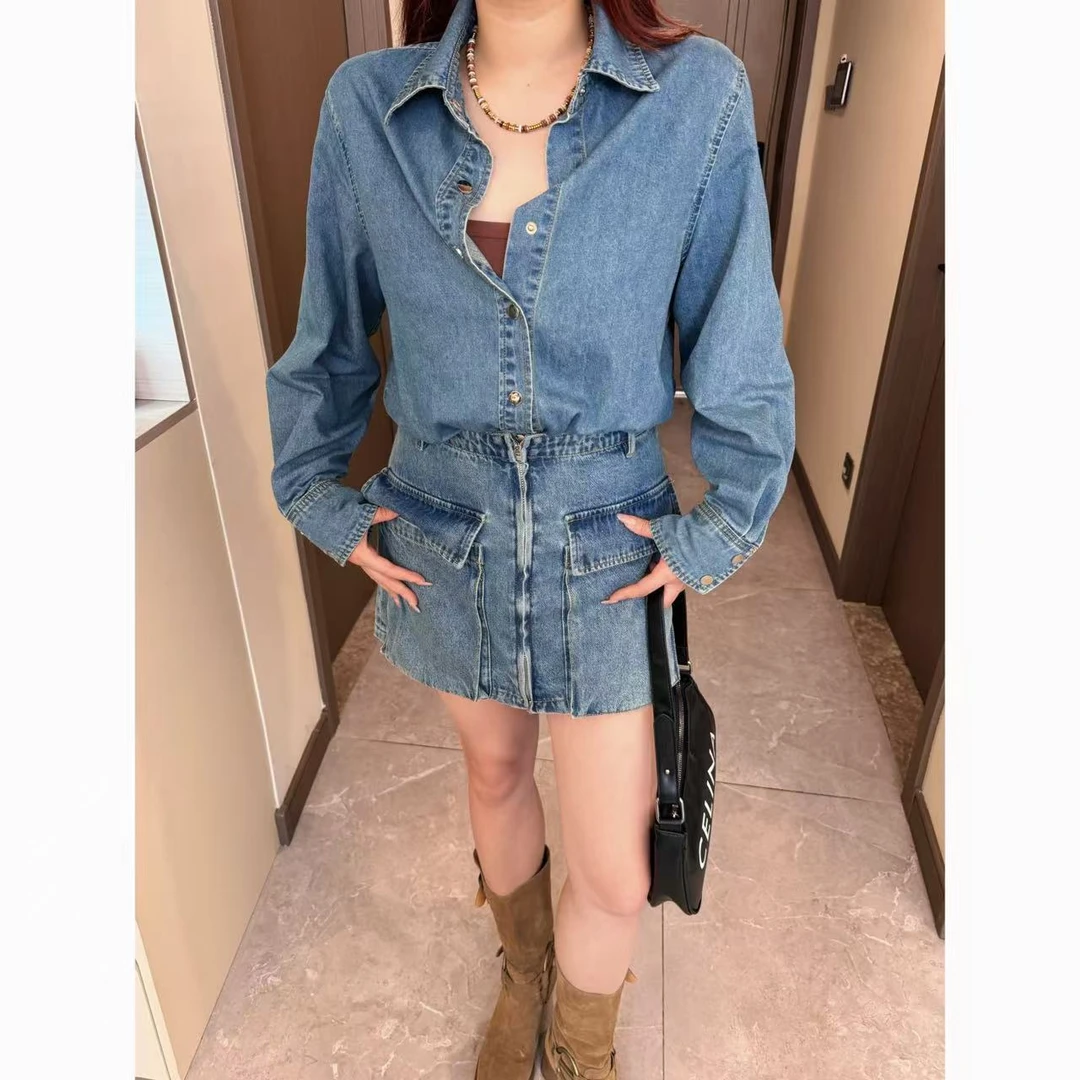 Xiaix【西部辣妹】春夏休闲小众牛仔衬衫+牛仔短裤套装TZ250311