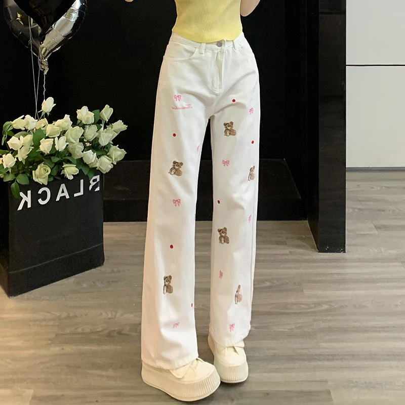 白色刺绣阔腿牛仔裤女2025夏季新款高腰显瘦宽松垂感直筒拖地裤子