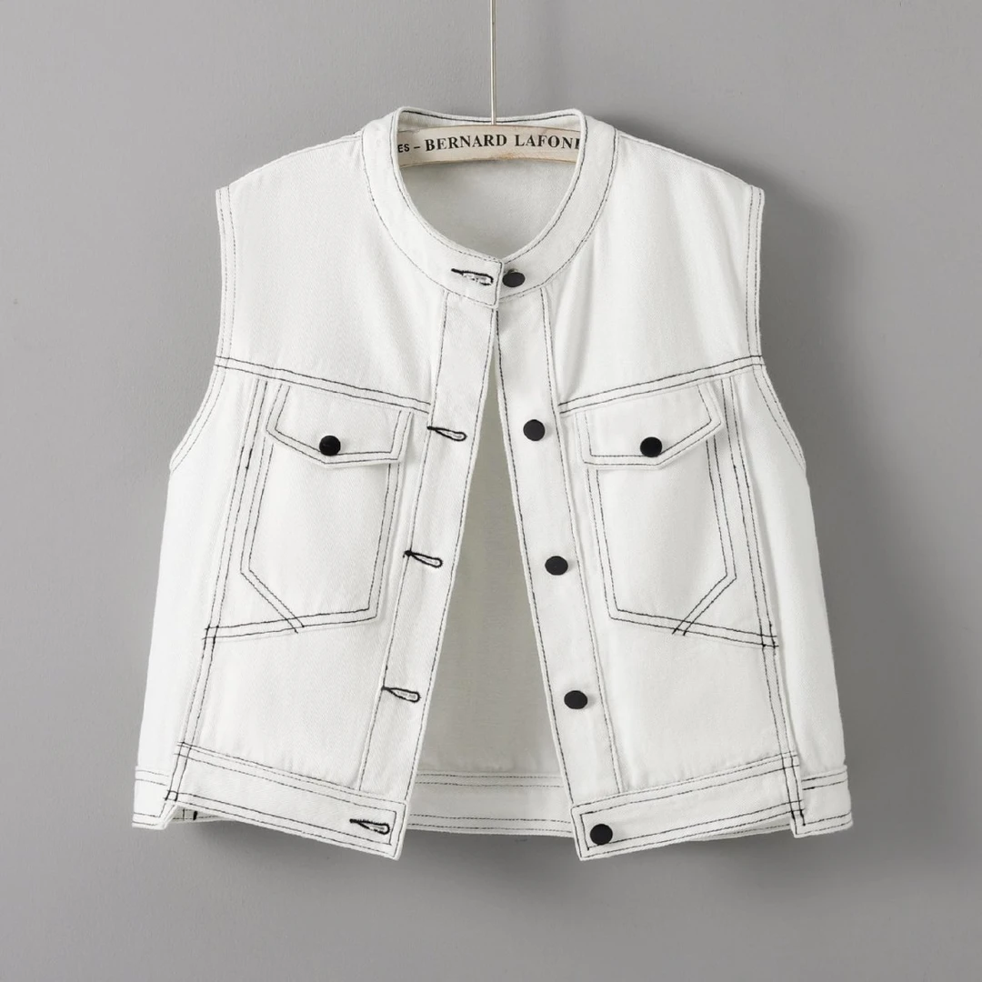 女口袋百搭短款时尚马甲夏季白色马甲宽松马夹上衣