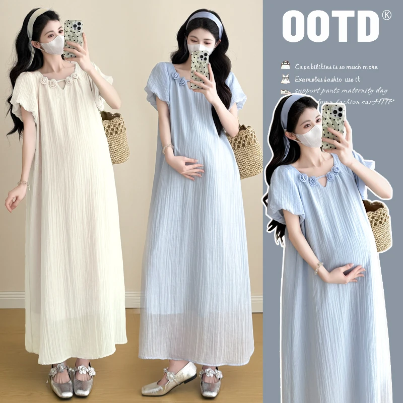 时髦孕妇装新款2025夏季孕妇装百搭气质温柔风花朵大码显瘦连衣裙