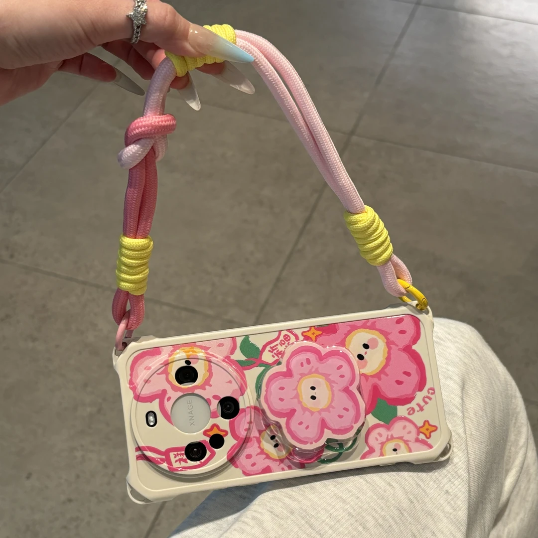 欧克里里粉色花朵支架适用苹果16四角挂绳手机壳华为oppo小米vivo