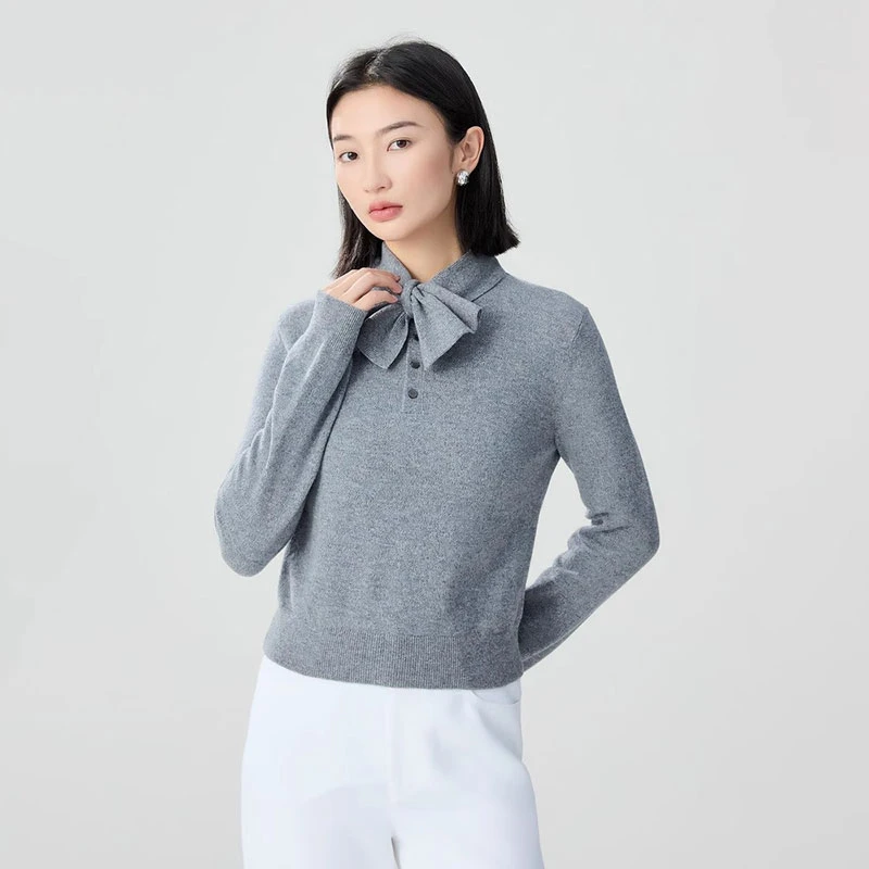 【商场同款】领结针织衫早春新款百搭减龄纯色设计长袖上衣1399746