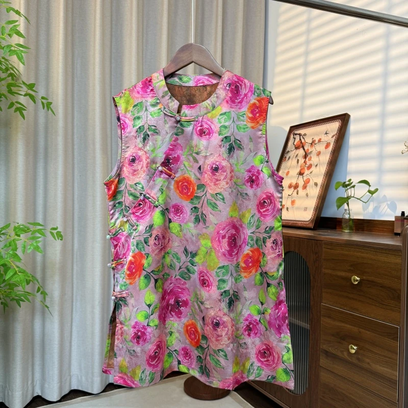 新中式复古玫瑰印花长款无袖马甲背心2025新款夏季时尚百搭女上衣