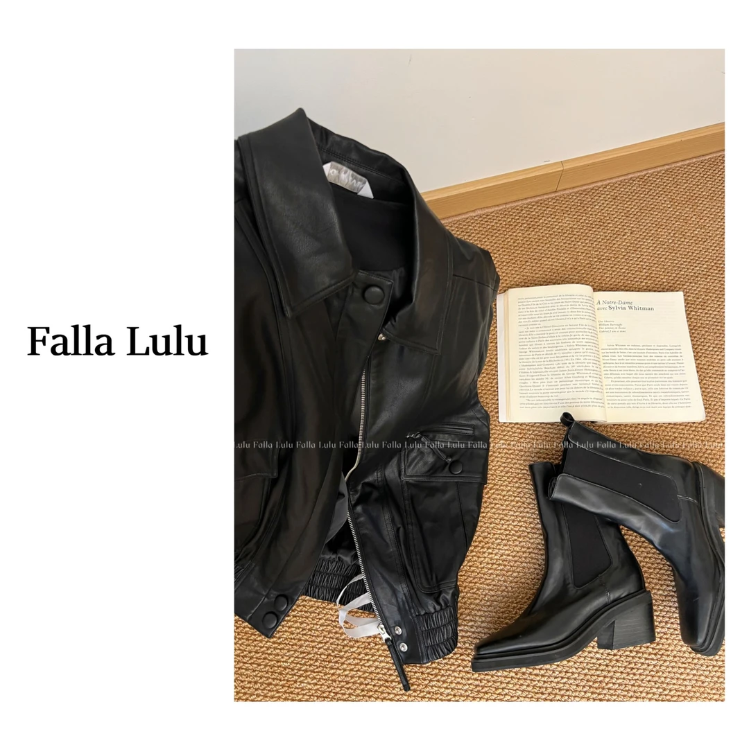 @英子家 复古叠穿坎肩无袖黑色皮衣马甲 C1805